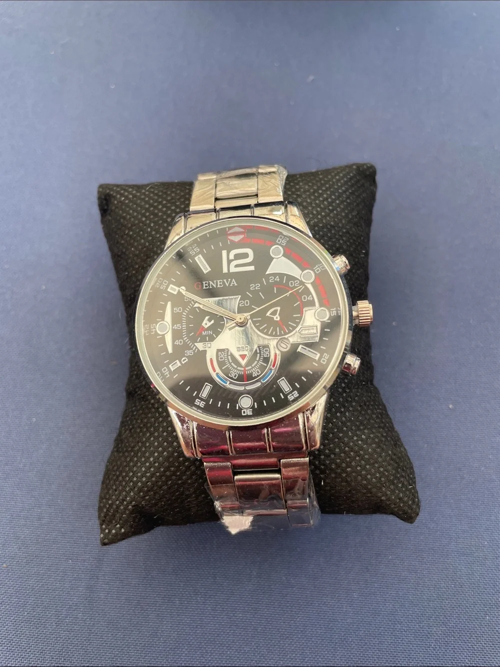 Geneva Silver Tone Bracelet Watch with Black Dial and Red Accents